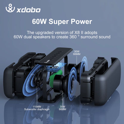 X8 60W Portable Speakers Bluetooth-Compatiable Bass Subwoofer Wireless Waterproof 6600Mah TWS Function Support TF/AUX